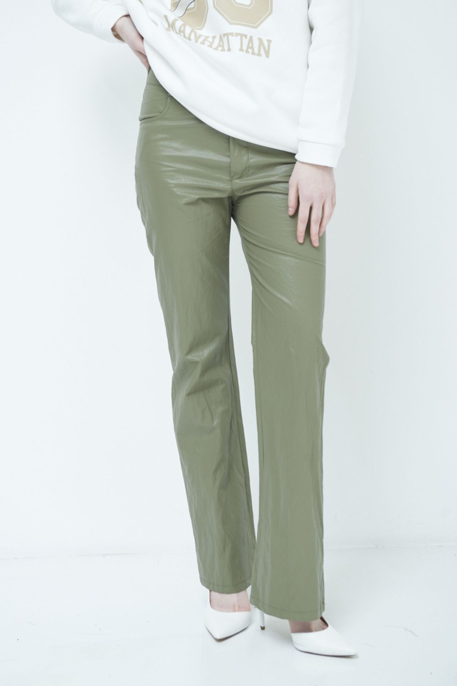 Pantaloni Kikisix | Pantalone Ecopelle Stropicciata Verde Militare