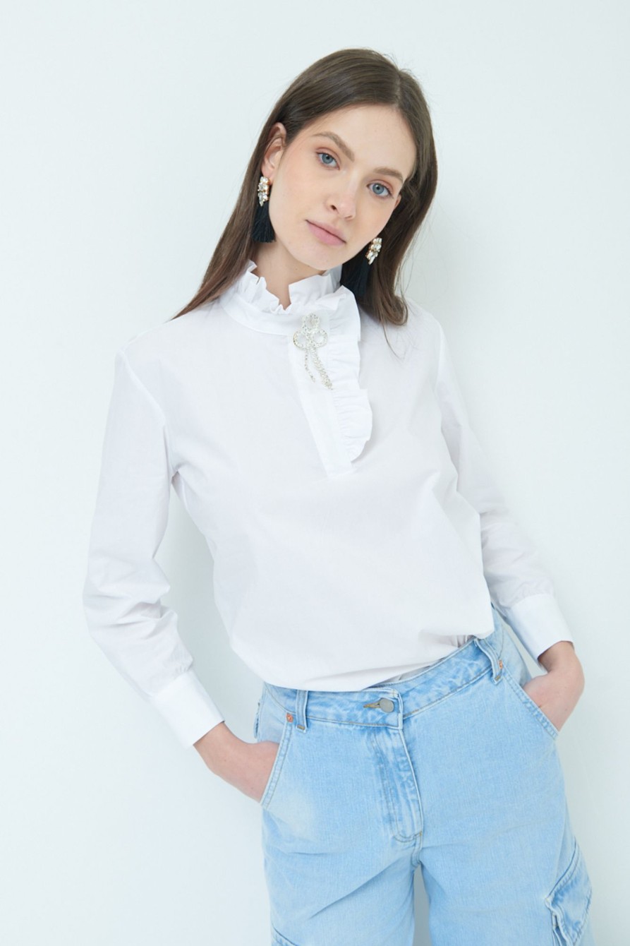 Camicie Kikisix | Camicia Con Rouches Conspilla Strass Bianco